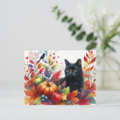 秋のオレンジ色の葉と黒猫のはがき ポストカード (スタンド正面)