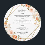 秋のオレンジ色の金ゴールドフローララウンドメニュープレート メニュー<br><div class="desc">そしてモダンデザイン印刷エレガント秋テラコッタオレンジのフローラグリッター幾何学的なフレーム結婚ラウンドのディナーメニューカードあなたのテキストと一緒にすることができるプレートのためのカスタマイズ。このクリックテンプレートを修正するにはカスタマイズ、「IT」ボタンをクリックし、デザインツールを使用して下さい。このデザインに一致する他の製品については、グラフィックアートデザインストアをご覧ください。</div>