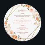 秋のオレンジ色の金ゴールドフローララウンドメニュープレート メニュー<br><div class="desc">そしてモダンデザイン印刷エレガント秋テラコッタオレンジのフローラグリッター幾何学的なフレーム結婚ラウンドのディナーメニューカードあなたのテキストと一緒にすることができるプレートのためのカスタマイズ。このクリックテンプレートを修正するにはカスタマイズ、「IT」ボタンをクリックし、デザインツールを使用して下さい。このデザインに一致する他の製品については、グラフィックアートデザインストアをご覧ください。</div>