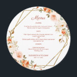 秋のオレンジ色の金ゴールドフローララウンドメニュープレート メニュー<br><div class="desc">そしてモダンデザイン印刷エレガント秋テラコッタオレンジのフローラグリッター幾何学的なフレーム結婚ラウンドのディナーメニューカードあなたのテキストと一緒にすることができるプレートのためのカスタマイズ。このクリックテンプレートを修正するにはカスタマイズ、「IT」ボタンをクリックし、デザインツールを使用して下さい。このデザインに一致する他の製品については、グラフィックアートデザインストアをご覧ください。</div>