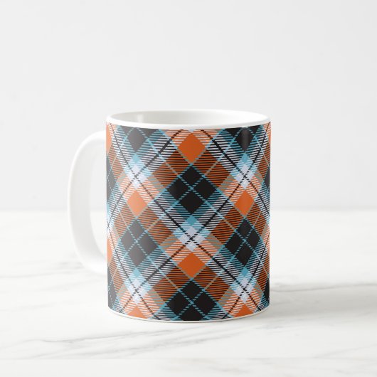 秋のオレンジ色の青い格子模様 コーヒーマグカップ (正面左)