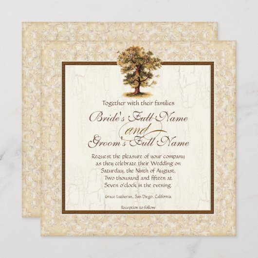 秋のオークの木のルーツアンティークパーチメント結婚ズ 招待状 (正面/裏面)