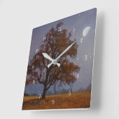 秋のオークツリーアンドムーンファンタジーシュール スクエア壁時計 (傾斜)