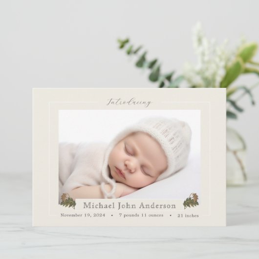 秋のオーク葉アイボリー写真誕生のお知らせ 招待状 (スタンド正面)