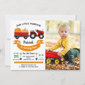 秋のオータムパンプキントラクターファーム写真誕生日 招待状 (正面)