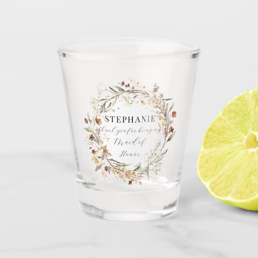 秋のオータムリース メイドオブオナー フラワー ウェディング ショットグラス (正面)