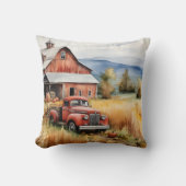 秋のオールドピックアップトラックと赤い納屋 クッション (正面)