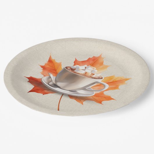 秋のカエデとホットココア ペーパープレート (アングル)