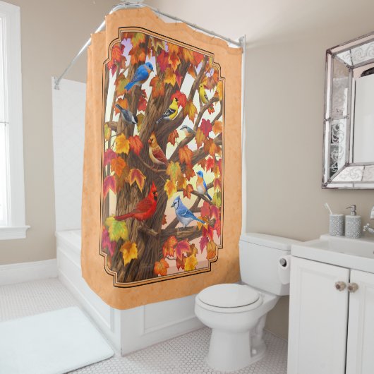 秋のカエデの木の桃の鳥 シャワーカーテン (インサイチュ)