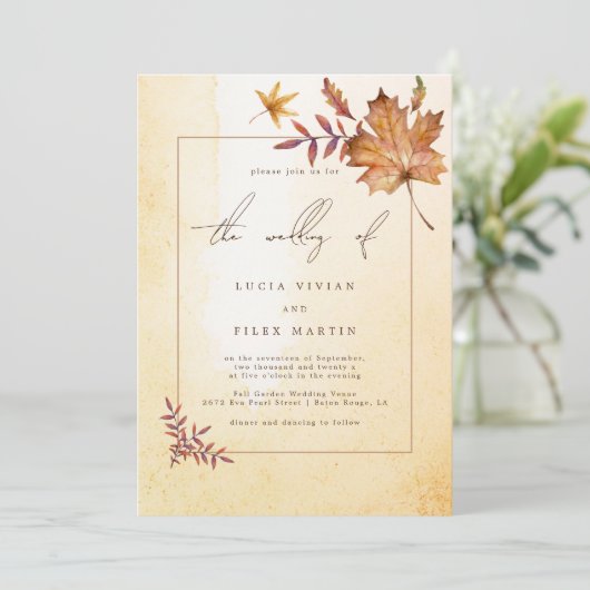 秋のカエデの葉の水の色の写真結婚の 招待状 (スタンド正面)