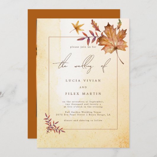 秋のカエデの葉の水の色の写真結婚の 招待状 (正面/裏面)