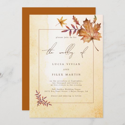 秋のカエデの葉の水の色結婚の 招待状 (正面/裏面)