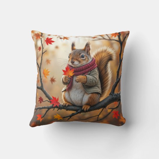 秋のカエデの葉を持つリス クッション (裏面)