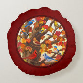 秋のカエデの赤の鳥 ラウンドクッション (裏面)