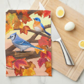 秋のカエデの鳥 キッチンタオル (四つ折り)