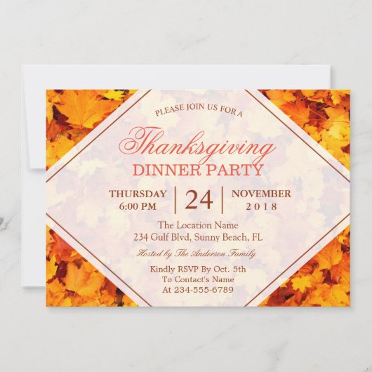 秋のカエデ葉ルの感謝祭ディナーパーティー 招待状 (正面)