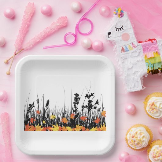 秋のカエデ離れメと野草のシルエット ペーパープレート (パーティー)