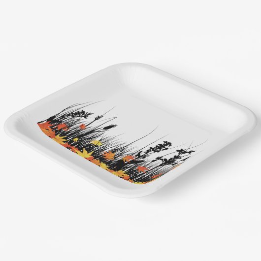 秋のカエデ離れメと野草のシルエット ペーパープレート (傾斜あり)