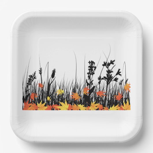 秋のカエデ離れメと野草のシルエット ペーパープレート (正面)
