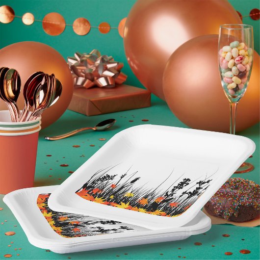 秋のカエデ離れメと野草のシルエット ペーパープレート