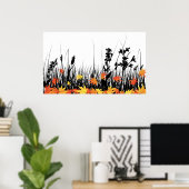 秋のカエデ離れメと野草のシルエット ポスター (ホームオフィス)