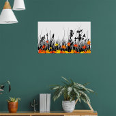 秋のカエデ離れメと野草のシルエット ポスター