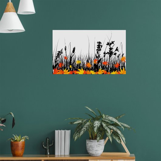 秋のカエデ離れメと野草のシルエット ポスター