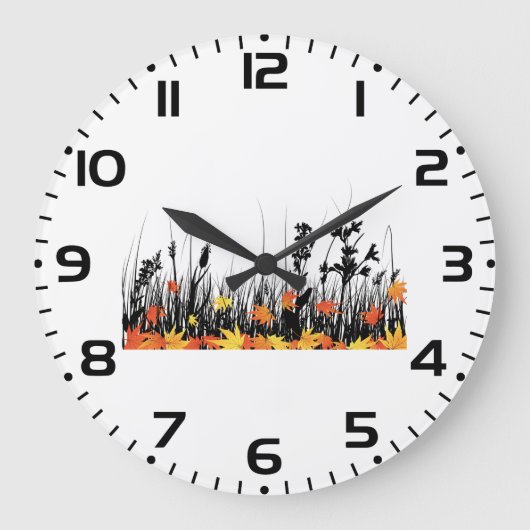 秋のカエデ離れメと野草のシルエット ラージ壁時計 (正面)