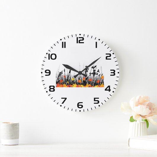 秋のカエデ離れメと野草のシルエット ラージ壁時計