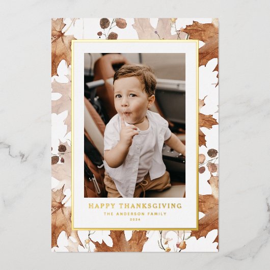 秋のカエデ離れメの幸せな感謝祭の写真 箔シーズンカード (正面)