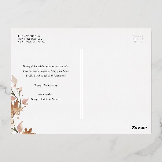 秋のカエデ離れメの幸せな感謝祭の写真 箔シーズンポストカード (裏面)