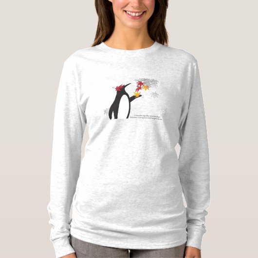 秋のカエデ離れルとペおもしろいンギン長袖 Tシャツ (正面)