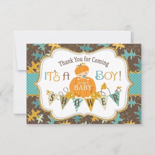 秋のカシの葉の金ゴールドのグリッターのカボチャは感謝していしています サンキューカード (正面)