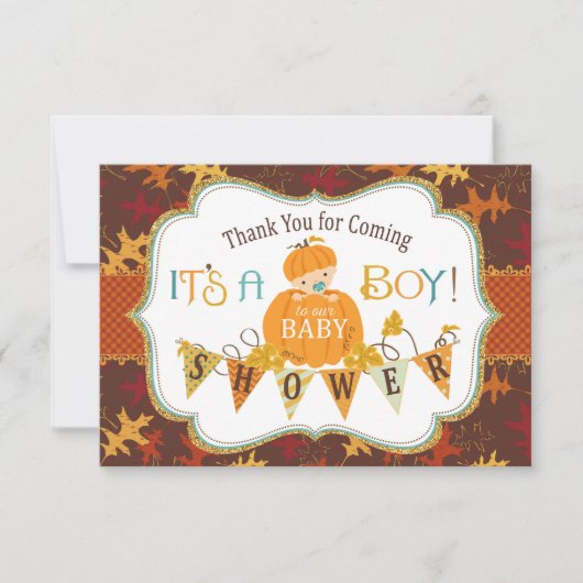 秋のカシの葉の金ゴールドのグリッターのカボチャは感謝していしています サンキューカード (正面)