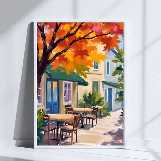 秋のカフェ 水彩 紅葉 アート ポスター