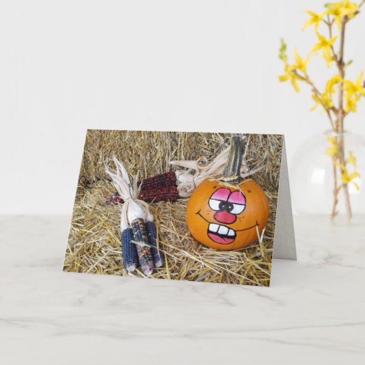 秋のカボチャとインディアントウモロコシ カード (黄色い花)