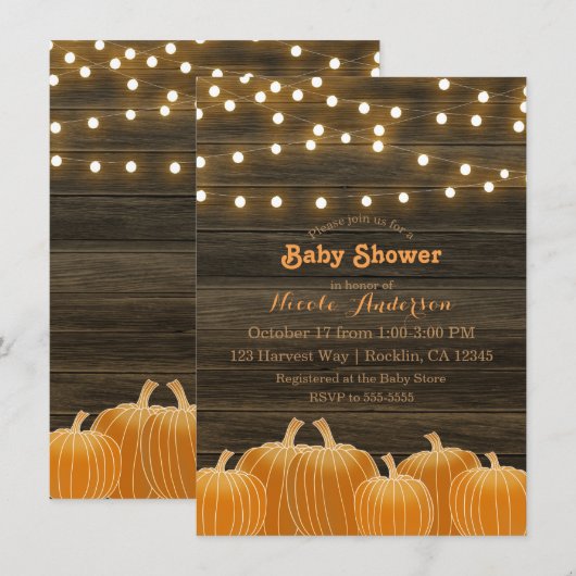 秋のカボチャとストリングライトの素朴なベビーシャワー 招待状 (正面/裏面)