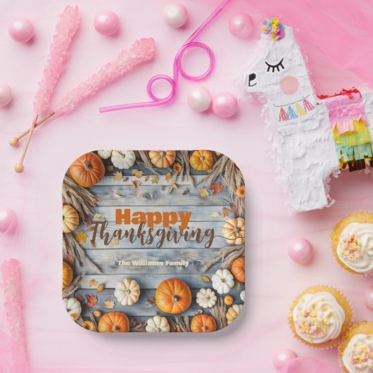 秋のカボチャと木離れの感謝祭の ペーパープレート (パーティー)