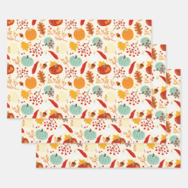 秋のカボチャと葉パターン ラッピングペーパーシート