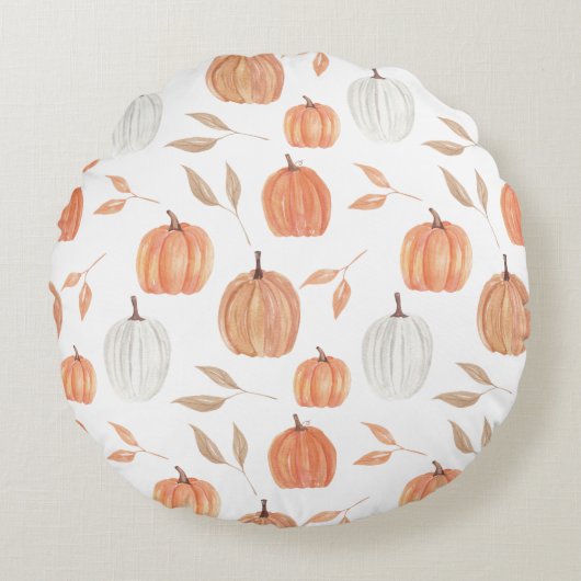 秋のカボチャと葉 ラウンドクッション (正面)
