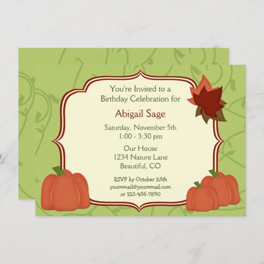 秋のカボチャと離れ誕生日招待状 招待状 (正面/裏面)