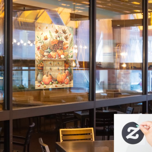 秋のカボチャのウィンドウにしがみつく ウィンドウサイン (レストラン窓)