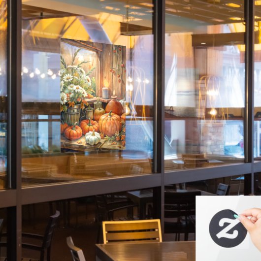 秋のカボチャのウィンドウにしがみつく ウィンドウサイン (レストラン窓)