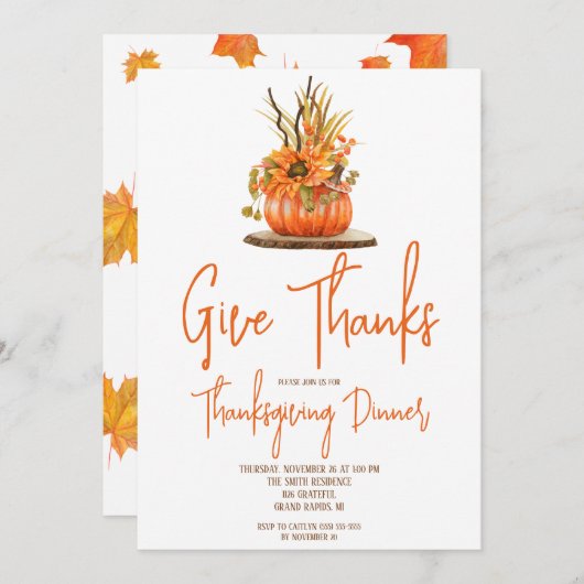 秋のカボチャのセンターピース感謝祭ディナー 招待状 (正面/裏面)