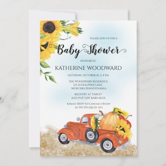 秋のカボチャのトラック |ひまわり赤ちゃんシャワー 招待状 (正面)