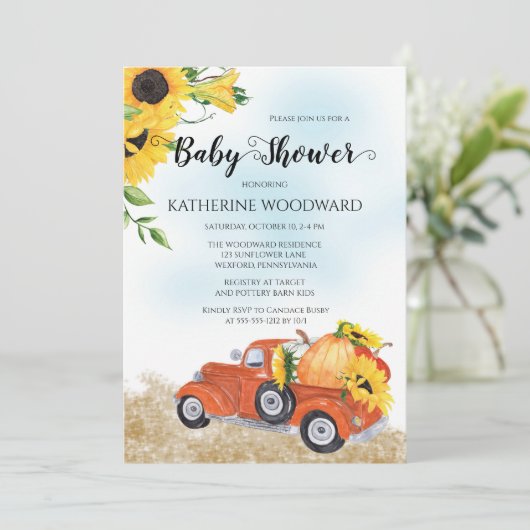 秋のカボチャのトラック |ひまわり赤ちゃんシャワー 招待状 (スタンド正面)