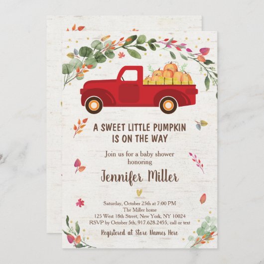 秋のカボチャのトラック ベイビーシャワーのご招待 招待状 (正面/裏面)