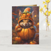 秋のカボチャのリス、ハッピーハローウィンかわいい カード (黄色い花)