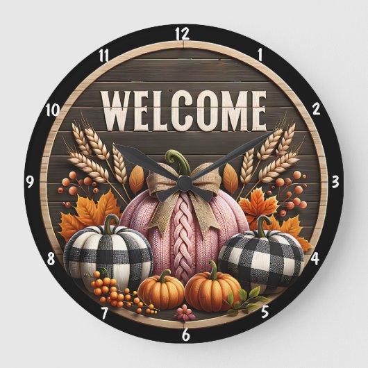 秋のカボチャの収穫木素朴の背景 ラージ壁時計 (正面)