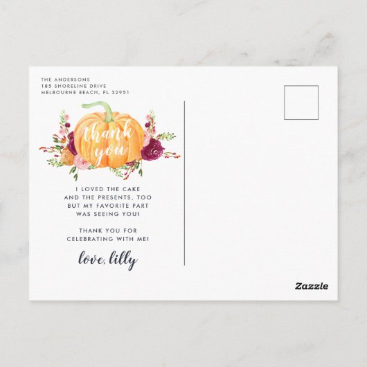 秋のカボチャの子供の誕生日パーティーの写真ありがとう ポストカード (裏面)